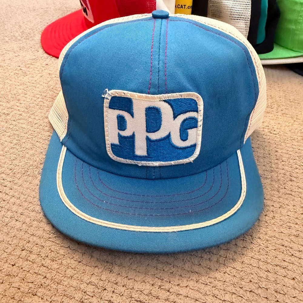 Vintage 1990s PPG Racing NASCAR Trucker Hat Blue White Mesh Snapback OSFM